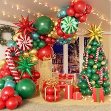 141 Pcs Christmas Balloon Garland Arch Kit with Red Dark Green Metallic Red Gold