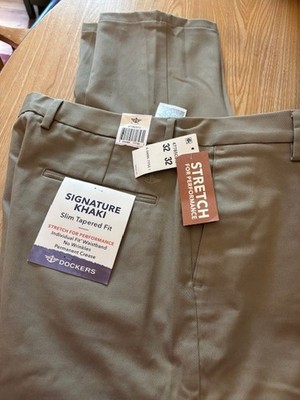 Docker Men's TAN Flat Front Slim Tapered Fit Signature Khaki Pants 32X32 NEW