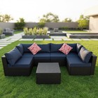Gartenmöbel Sitzgruppe Sofa 7 tlg. Schwarz Blau Sitzkissen Lounge Polyrattan Set