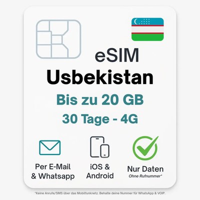 Usbekistan eSIM Datentarif digitale e SIM - per Mail- ohne Telefon Nummer