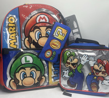 Kids Mario  Luigi 5-Piece Backpack Set Lunch Bag Gadget Case Water Bottle More