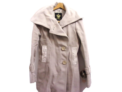 Women's Mackage Mid Length Gray Wool Coat w/ White Leather Trim Size P/S 