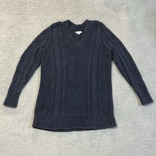LL Bean Sweater Womens Medium Navy Signature Fisherman Tunic Cable Knit Cotton