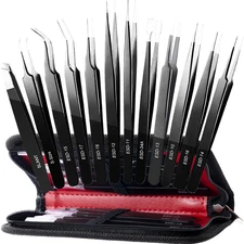 12 Pack Precision Tweezers Set for Craft, Soldering, Jewelry, Facial Hair, Eyebr