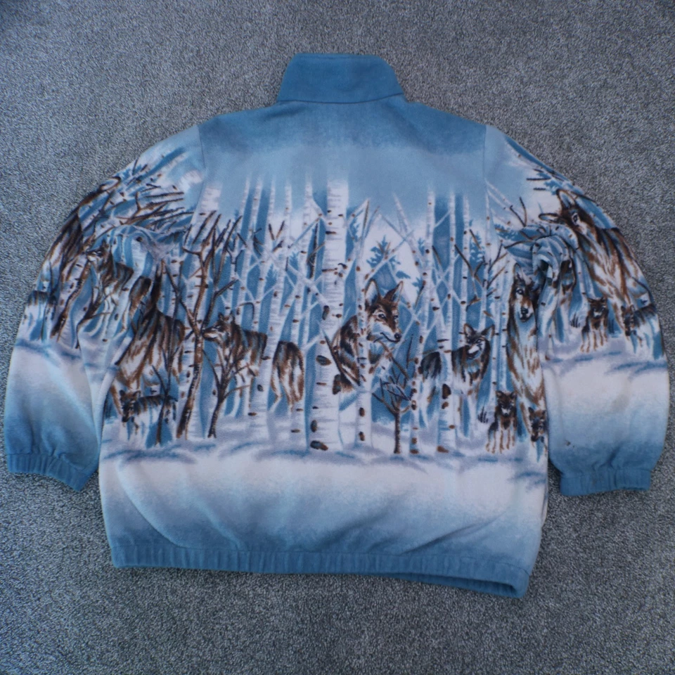 Винтажный 90-х Blair куртка женщин большой синий снежный волк природы AOP флисовое пальто - Изображение 3 из 4