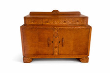 Antique English Tiger Oak Sideboard  Hand-Carved Floral Details, Arts & Crafts