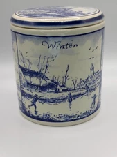 Vintage Delft Blauw Hand Painted Four Seasons White Porcelain Jar & Lid Canister