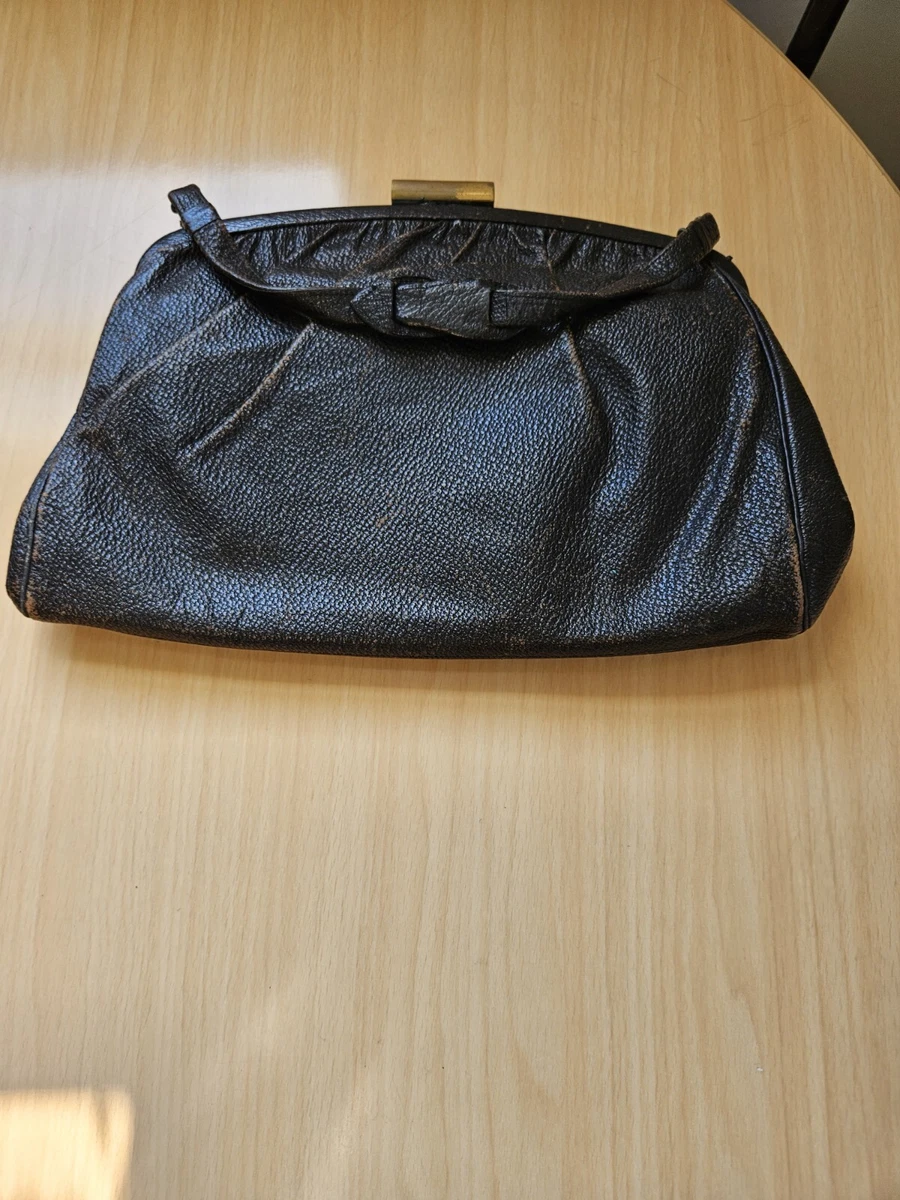 TRUE VINTAGE Black Leather TOP HANDLE FRAME CLASP PURSE BAG HANDBAG