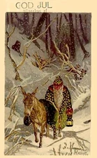 Christmas ~ Santa ~ Green Robe ~ With Lantern & Donkey Postcard COPY #10693