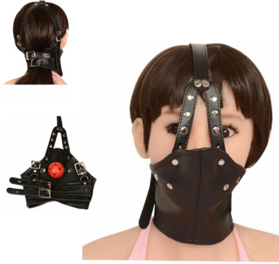 Leather Head Harness Panel Mouth Ball Gag Restraint Face Mask Collar Restraint