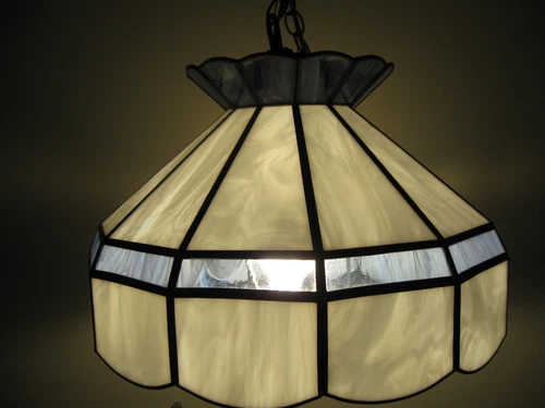 Vintage Tiffany Style Hanging Swag Lamp Blue & White Panels~15.5" wide Glass