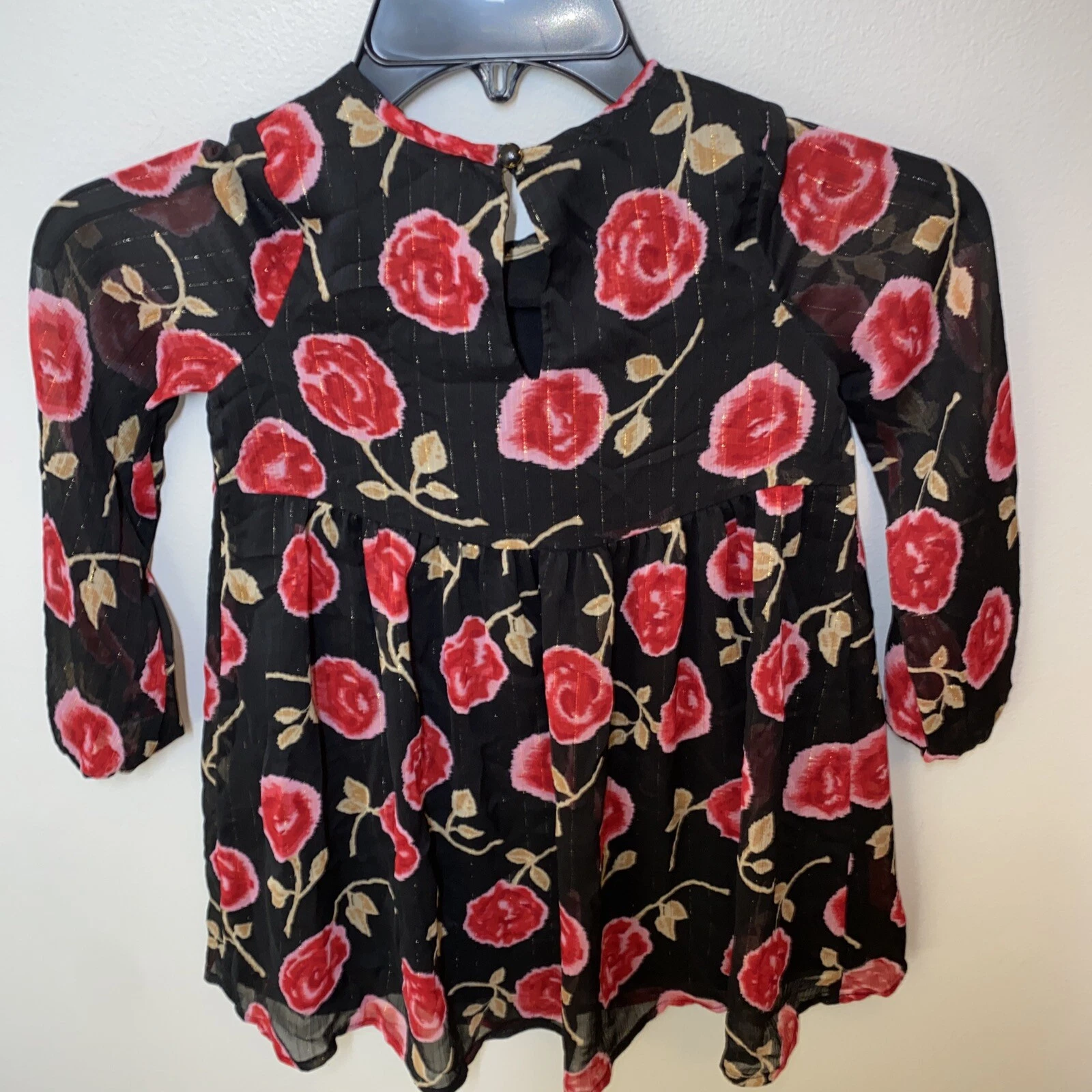 Abito da ragazza Kate Spade taglia 5 rose giovanili su sfondo filo metallico nero