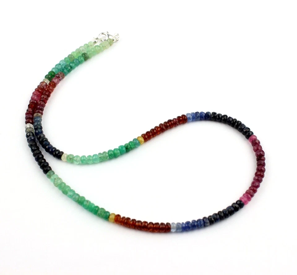 Rubin Saphir Smaragd Kette Multifarbe Facettierte Rondell Halskette Edel 48 cm - Bild 2 von 3