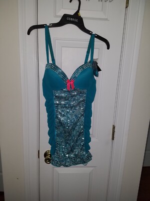 Passion Forever Bustier Embelished Slip Lingerie XL TealColor Silver Sequin NWT