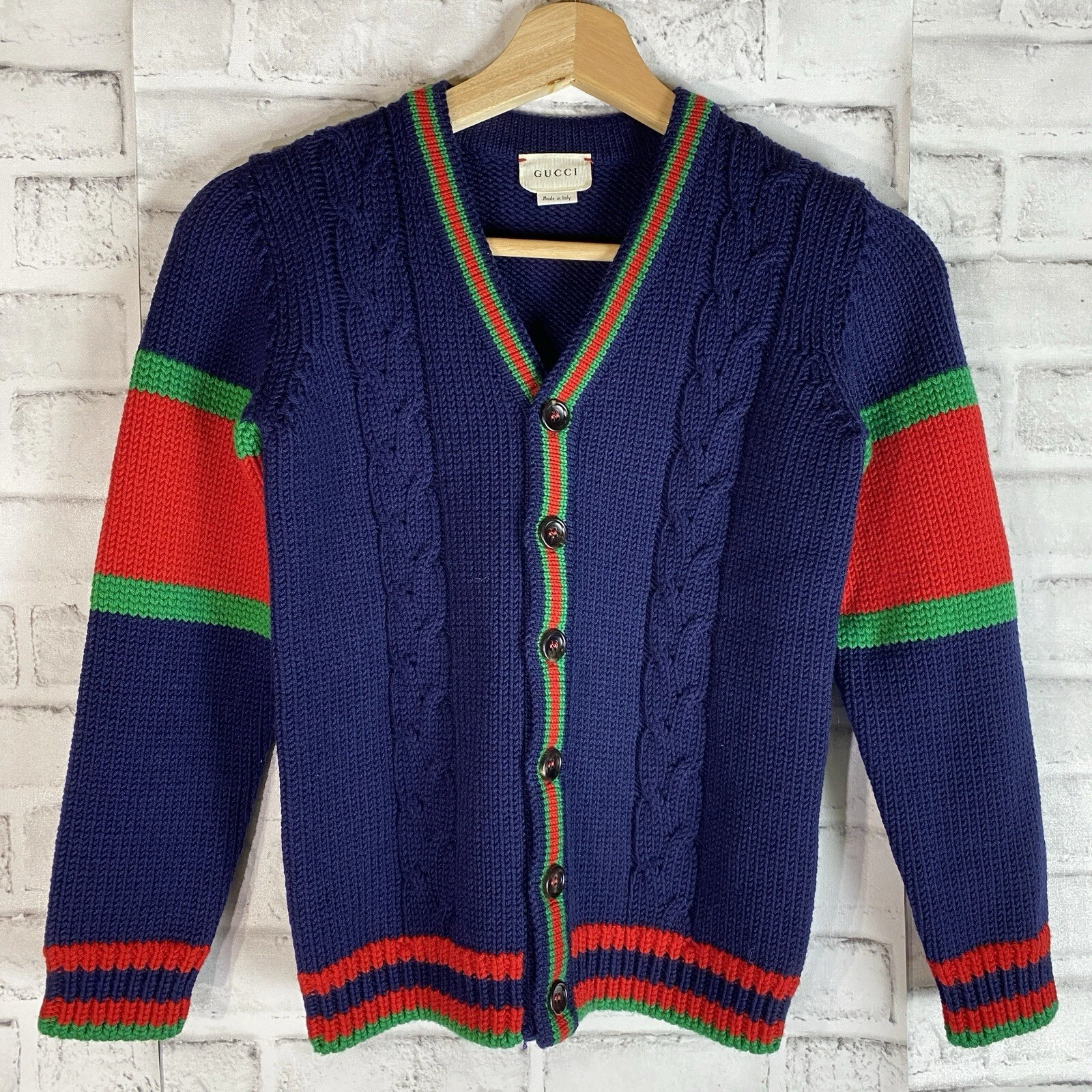 Authentique cardigan Gucci unisexe enfant ligne sherry laine col V câble tricot bleu marine taille 8