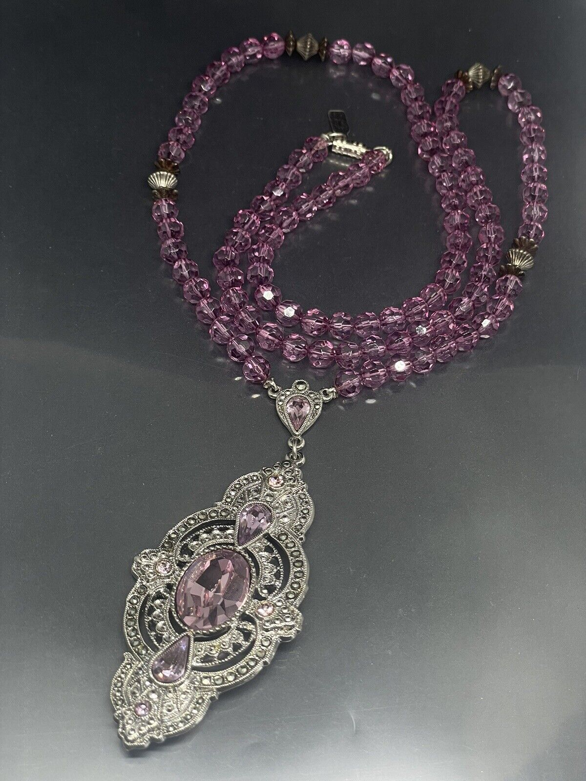 VTG Signed 1928 Purple Beads Crystals Marcasites … - image 1