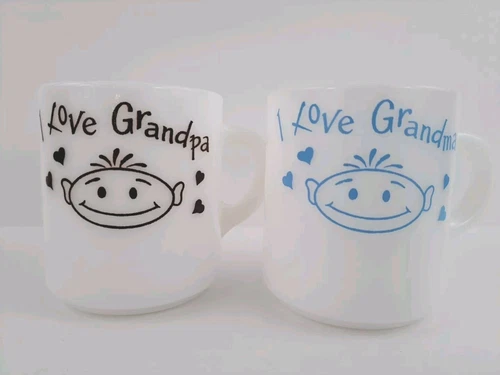 Hazel Atlas I Love Grandma Grandpa Milkglass Mugs 8 Oz Grandparents 