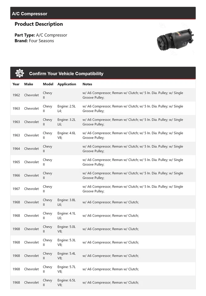 Para 1962-1968 Chevrolet Chevy II Compresor de A/C 4 Estaciones 1963 1964 1965 1966 Foto 2 de 4