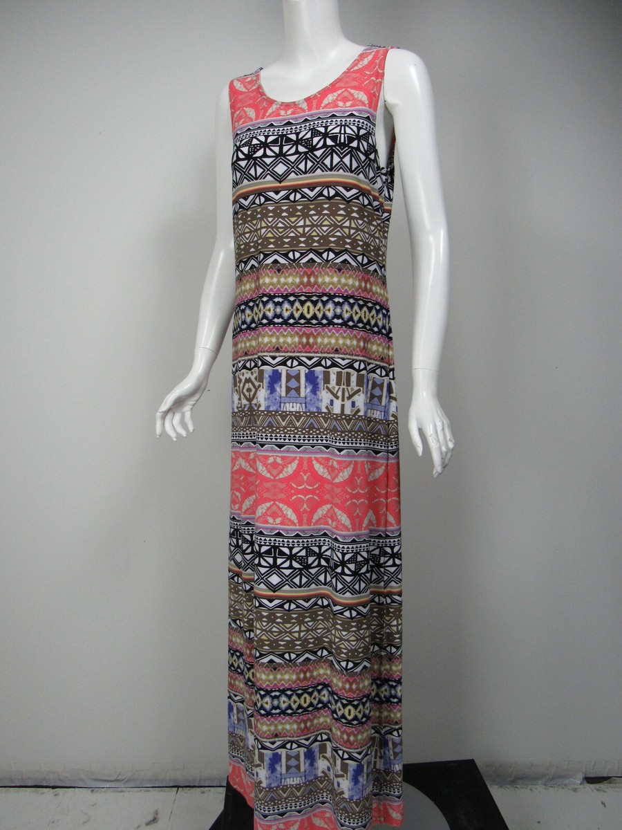 CHICOS Coral Olive Black White Print Matte Jersey Scoop Neck Maxi Dress sz1  US L