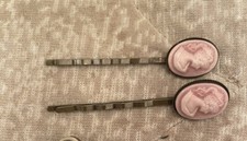  2 Vintage Victorian Rose Cameo Oval Cabochon Bronze Bobby Pins
