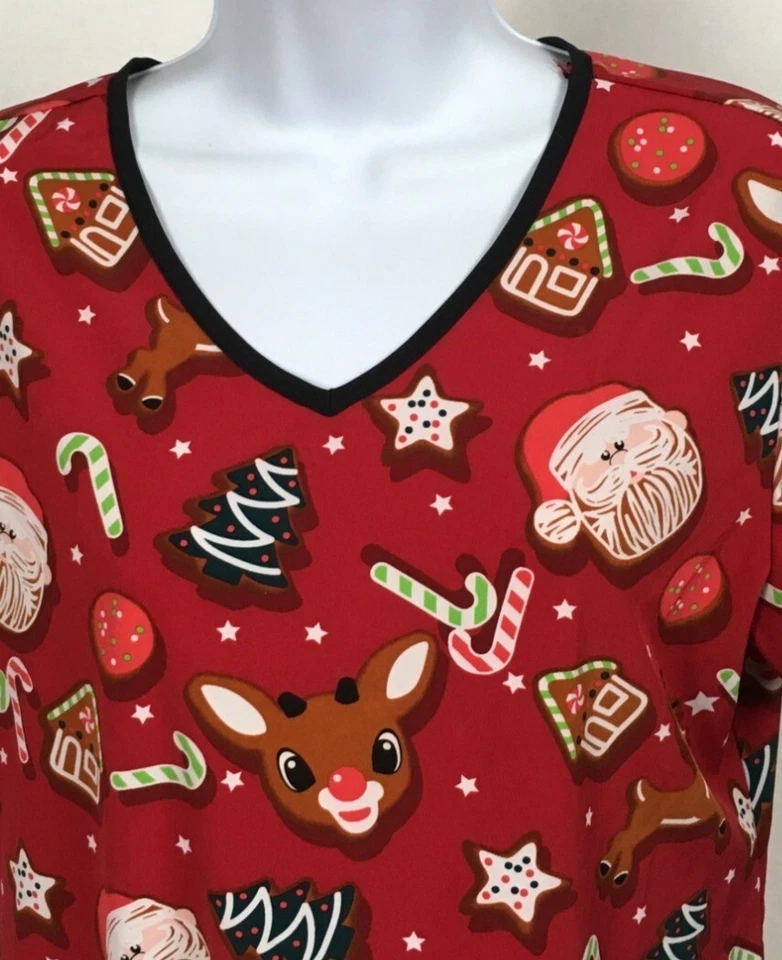 Rudolph the Red Noise Reindeer Womens Scrub Top Size S Red Holidays Santa Candy - Image 2 of 4