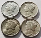 Lot of 4 Mercury Silver Dimes Ch BU, 1930, 1941, 1942-D, 1945-D, Four 10C coins