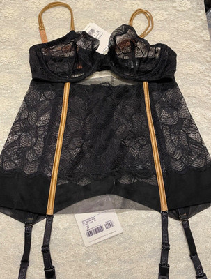 La Perla Lace Fantasy Iris 32B XS Sheer Full Coverage Bra Garter Set Black