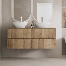 1200mm Oak Vanity Unit Double Oval White Basin Wall Hung Fluted Soft Close