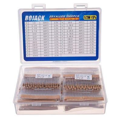 BOJACK 1000 Pcs 25 Values Resistor Kit 1 Ohm-1M Ohm with 5% 1/2W Carbon 1/2 W 