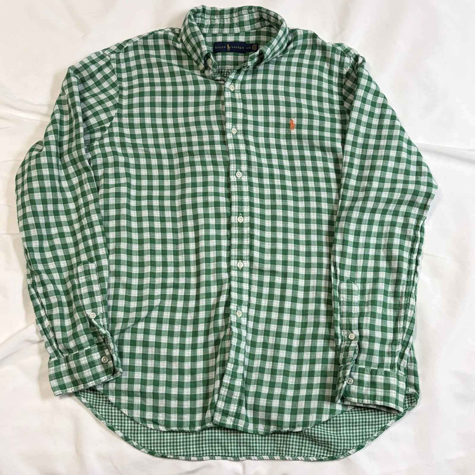 Ralph Lauren Classic Fit Button-Down Long Sleeve Shirt-Men L-Green Checked