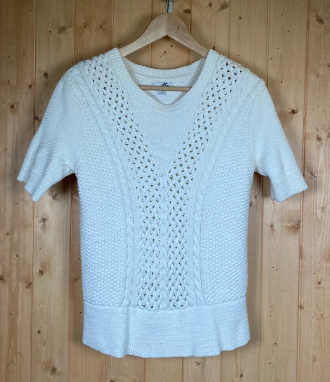 LL Bean Signature Fishermans Sweater Chunky Cable Knit Beige Cotton Relaxed XS - Image 3 of 4