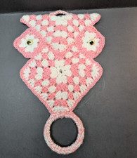 Hand Crochet Owl Wall Hanging Towel Holder Pink & White Kitschy 13 Inch