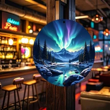 Northern Lights Aurora Mountain Landscape Round Aluminum Plaque