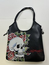 Ed Hardy Shoulder Tote Bag Black Skull Flowers Rhinestone Magnetic Closure