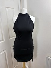 PrettyLittleThing Black Halter Neck Lace-Up Bodycon Mini Dress UK 12