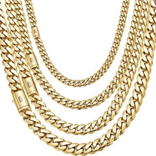 Hip Hop Solid Stainless Steel Cuban Chain Necklace Bracelet Spring Clasp Jewelry