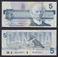 1986 Canada 5 Dollar Banknote P.-95c BB+/VF+