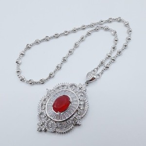 Authentic Necklace Pendant Cz Diamond Red Gemstone 18" 24K White Gold Plated Jewelry