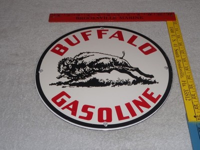 VINTAGE BUFFALO GASOLINE W/ WESTERN BISON 11 3/4'' PORCELAIN METAL GAS & OIL SIGN