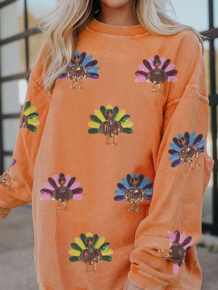 Sudadera holgada con cordón gráfico de pavo - Detalle de lentejuelas - Mandarina - Tallas S-2XL Foto 3 de 4