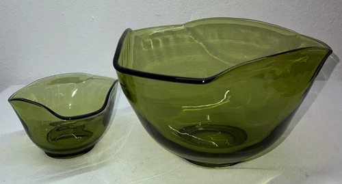 Anchor Hocking Tri Top Chip & Dip Petal Bowl Set Avocado Green Glass Vintage
