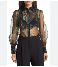 Ramy Brook Karl Shirt Womens Large Multicolor Sheer Floral Ruffle Top Blouse