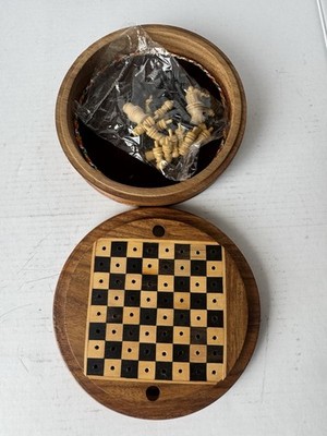 Miniature Pocket Travel Chess Game Set Made In India Wood Container Vintage