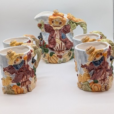 Vintage WCL Scarecrow Pitcher With Four Mugs Great For Fall Or Halloween Decor