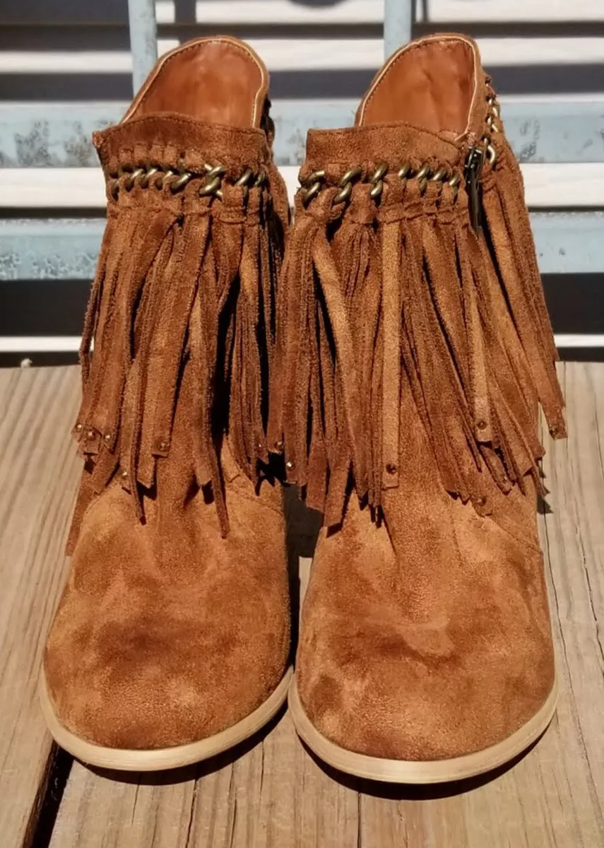 Not Rated Alonzo Fringe Booties Brown suede Ankle Zip Size 8 NRLB0054 251