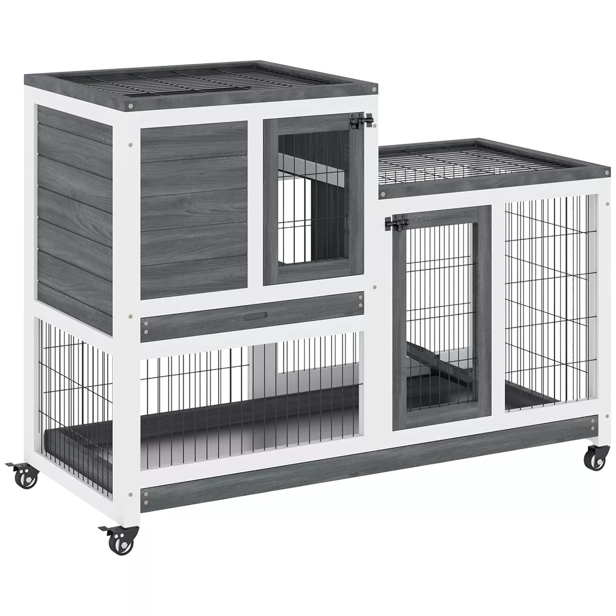 PawHut Wooden Indoor Rabbit Hutch Elevated Bunny Cage with Enclosed Run  W/Wheel