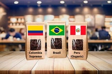 3 LB BEST SELLER SAMPLE PACK PERU, BRAZIL, COLOMBIA ROASTED COFFEE - ARABICA