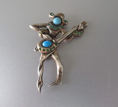 Vintage Silber BROSCHE 1940 USA Troubadour Harlequin Pierrot 6,5 cm x 5 cm