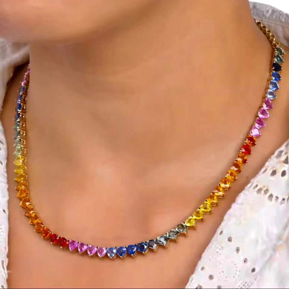 Collar Tenis Corazón Zafiro Multicolor Creado en Laboratorio Lleno Oro 18k Regalo Novia Foto 3 de 4
