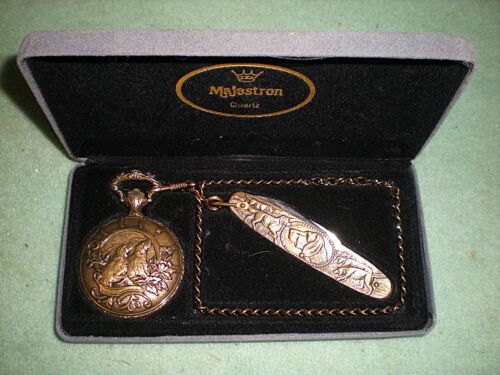 Vintage MAJESTRON Quartz Pocket Watch w/ Chain & Knife in Original packaging Box